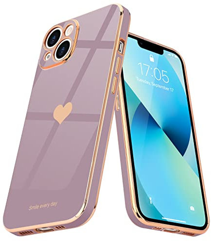 Teageo for iPhone 13 Case Cute Heart Pattern for Women Girls Slim Luxury Bling Plating Soft TPU Anti-Scratch Shockproof Bumper Phone Case for iPhone 13, Lavender
