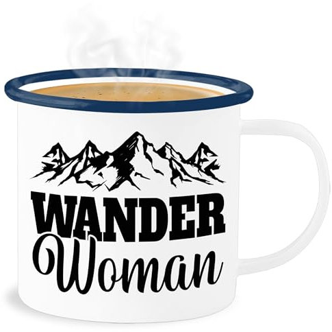 Emaille Becher Blechbecher - Deko Tasse Hobby - Wander Woman - Geschenk für Wanderin - 300 ml - Weiß Blau - berg emaille-tasse berge emaillebecher wandern tassen wanderer kaffeebecher statement