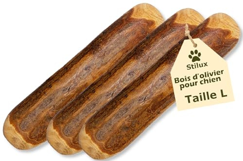 Stilux® Lot de 3 Bâtons à mâcher en Bois d'olivier pour Chiens,Taille L, Jouet d'occupation pour Chien jusqu'à 30Kg, Friandise Os en Bois 100% Naturel et Durable