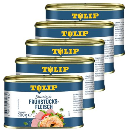 TULIP 5x Schweine-Frühstücksfleisch 200g | leckeres Schweinefleisch in der praktischen recycelbaren Konserve | Schweine-Frühstücksfleisch in der Dose | 86% Schweinefleisch