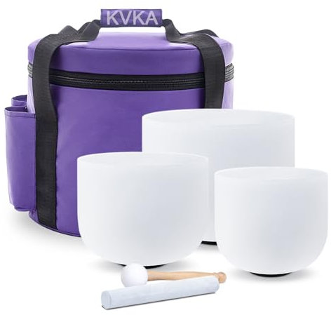 KVKA Set of 3pcs 7G+9E+11C Frosted Crystal Singing Bowls 432Hz for Sound Healing Bath Therapy Meditation Yoga Instrument with Carry Bag
