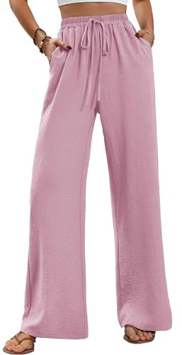 ALSOGO Weite Hose Damen Elegant Breite Hosen High Waist Lose Sommer Palazzo Hose Dehnbar Lounge Lang mit Taschen Rosa M