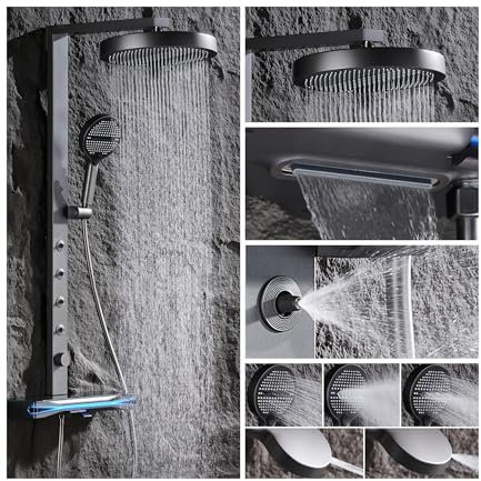 Columna Ducha Termostática, Columna de Ducha Hidromasaje, Versátil Sistema de Ducha con Pantalla LED y Botones Piano, Boquilla de Bañera Cascada, 32cm Cabezal de Ducha, Ducha de Mano de 5 Modos