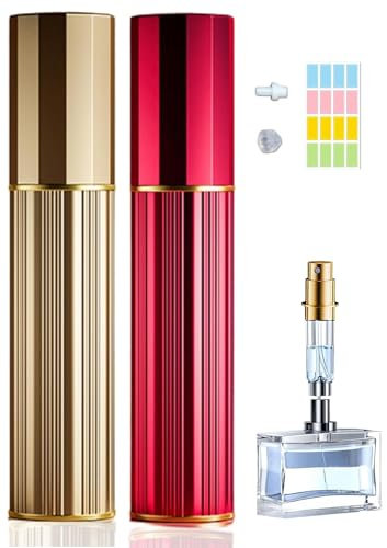 Travelofo Perfume Atomiser Perfume Travel Bottle, 10ML Refillable Perfume Spray Bottle Easy to Refill Empty Atomiser Bottle for Purse, Handbag, Pocket and Luggage (Gold & Red)