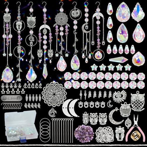 DEMIUKO 410 Stück Sonnenfänger Kristall Bastelset Erwachsene Sonnenfänger Basteln DIY Suncatcher Kristalle Fensterdeko Anhänger Windspiel Prisma Lichtfänger Hängend Deko für Fenster Garten Zuhause