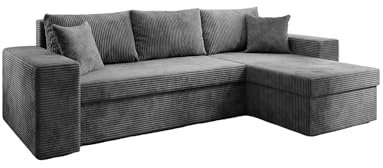 Luxusbetten24 Designer Sofa Denver mit Stauraum und Schlaffunktion | Bezug: Cord | Farbe: Grau | Stellvariante: Rechts