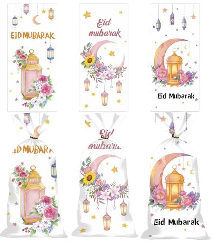 Koboko Eid Mubarak Tüten, 50 Stück Eid Mubarak Plätzchentüten mit Twist Krawatten, 3 Muster Ramadan Thema Süßigkeiten Tüten, Ramadan Tüten zum Befüllen, für Eid Mubarak Party Dekoration