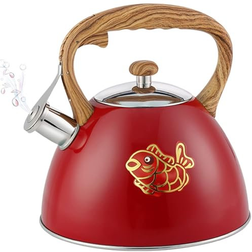 Stovetop Kettle Wood Grain Handle, 2.5 L Stainless Steel Whistling Kettle with Cute Patterns Like Cranes, Fish, Flowers, Teapot for Gas Stove or Induction Hob(Red)