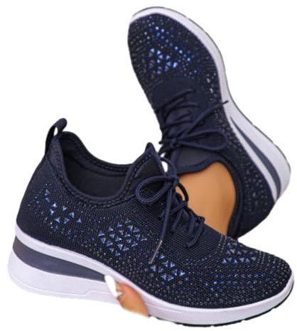 Zapatillas de cuña transpirables con diamantes de imitación brillantes para mujer, con cordones, plataforma de cuña con cuentas de diamantes de imitación, zapatillas cómodas y brillantes