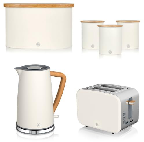 Swan Nordic Cotton White 1.7L Jug Kettle, 2 Slice Toaster, Bread Bin and Tea, Coffee, Sugar Canisters. Scandinavian Inspired Design Matching Kitchen Set of 6 in Cotton White