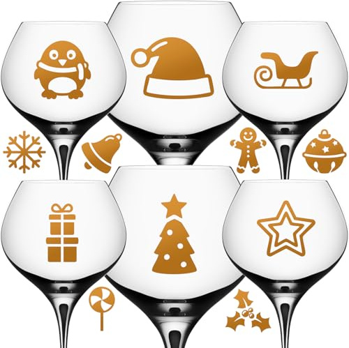 12X Christmas Vinyl Stickers Wine Glasses Baubles Mugs DIY Craft Xmas Set | Assorted festive decals, gifts party table décor, smooth flat surfaces, waterproof vinyl, multiple Christmas designs
