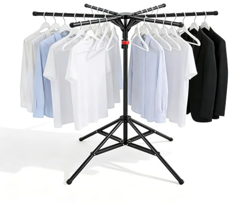 MIUUIPI Standtrockner Wäscheständer Hoch Klappbar mit 6 Flügeln, Wäschespinne Ständer, Höhenverstellbar von 120-170 cm， Kohlenstoffstahl Faltbarer Kleiderbügel für Balkon,Drinnen, Draußen (Schwarz)