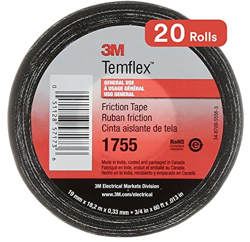3M TEMFLEX 1755 - CINTA DE FRICCIÓN DE ALGODÓN 1755, 3/4 pulgadas x 60 pies, color negro, 20 rollos/estuche