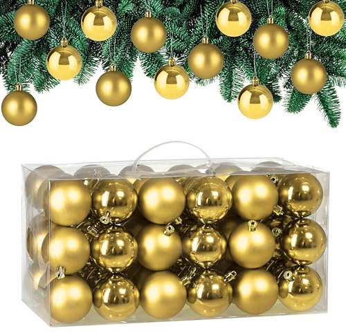 Deuba® Weihnachtskugeln 54tlg Ø 6cm Kunststoff matt glänzend Christbaumkugeln Christbaumschmuck Anhänger Weihnachtsbaumkugeln Weihnachtsdeko Gold