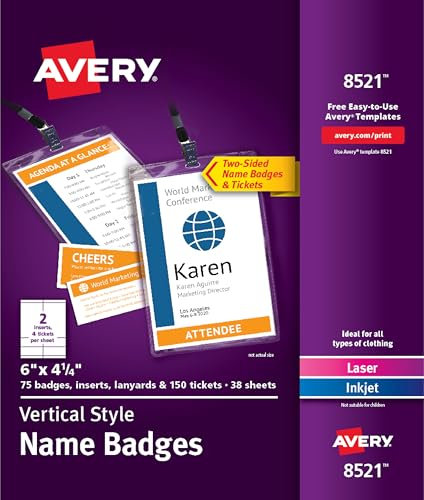 Avery Badge personalizzabili, 15,2 x 10,8 cm, 75 porta badge verticali con cordini, inserti stampabili per etichette con nome con biglietti (8521)
