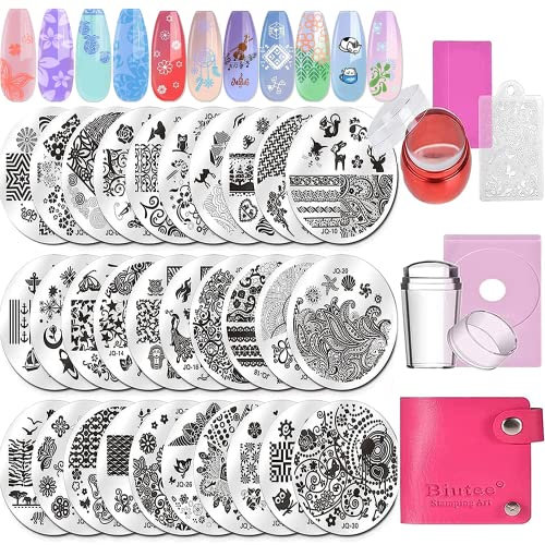 Biutee 30 Stück Nagel Stempel, Nagelstempel Set, Nagel Schablone, Nail Art Stamping Tiere Blumen Bild, Stempel Nagelplatte Mit 2 Stempel 2 Schaber, Nagel Designing Zubehör French Nails Stempel