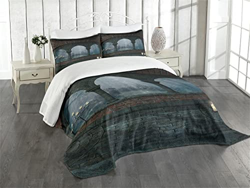 ABAKUHAUS gotisch Tagesdecke Set, Mittelalterliche Burg in der Nacht, Set mit Kissenbezügen Waschbar, für Doppelbetten 264 x 220 cm, Blau grau