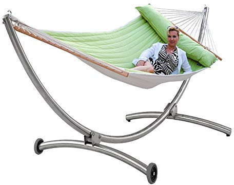 Hängemattenset Lola Royal Deluxe Edelstahl Hängemattengestell mit gefütterter, wetterfester Stabhängematte American Lifestyle Kiwi mit Kissen