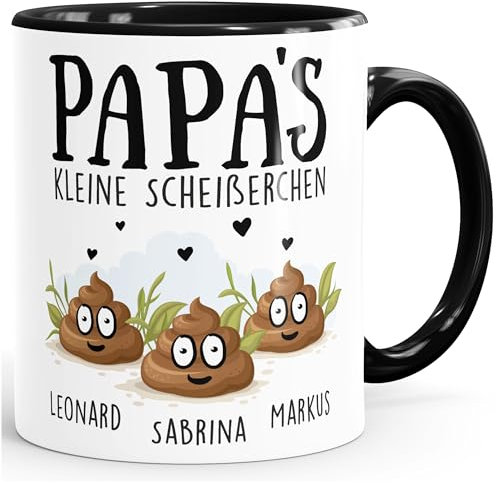 MoonWorks® Tasse personalisiert Papa's kleine Scheißerchenbis zu 4 anpassbare Namen Kackhaufen Geschenk Vatertag 3 Kinder schwarz Keramik-Tasse