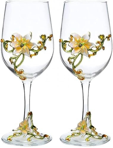 Simcat Handmade Painted Enamel Flower Glass Wine Glasses Transparent Refined Goblet, Stem For Cabernet, Gifts (Double yellow gift box,2 Gift Box)