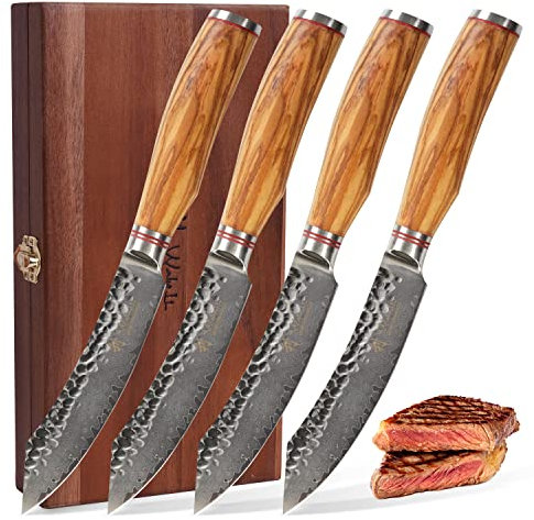 Wakoli Olive HS Damastmesser 4er Steakmesser-Set I 12,5 cm Klingen gefertigt aus 67 Lagen echtem Damaststahl mit edlen Olivenholzgriffen und Hammerschlag I Premium Steakmesser in edler Holzbox
