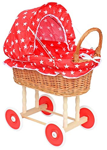 Puppenwagen aus Weide Holz Weidenwagen Kinderwagen Weidenpuppenwagen Verschieden Motive (ROT | mit Sternen)