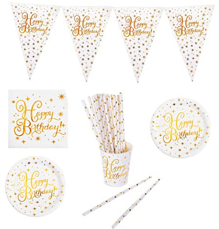 LASE C9 Set 127pcs de Vajilla Desechable para Fiestas de Cumpleaños 30 personas. Incluye Platos, Vasos, Servilleta y Guirnaldas de papel cartón. Material EcoFriendly. (Birthday)