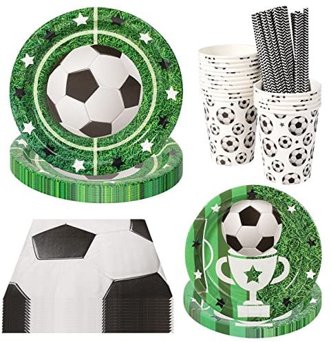PHOGARY 93-teiliges Fußball Partygeschirr Set für 16 Gäste, Fussball Deko Geburtstag Kinder mit Pappteller Kindergeburtstag, Pappbecher, Servietten Strohhalme für Kinder Fußball Party Deko