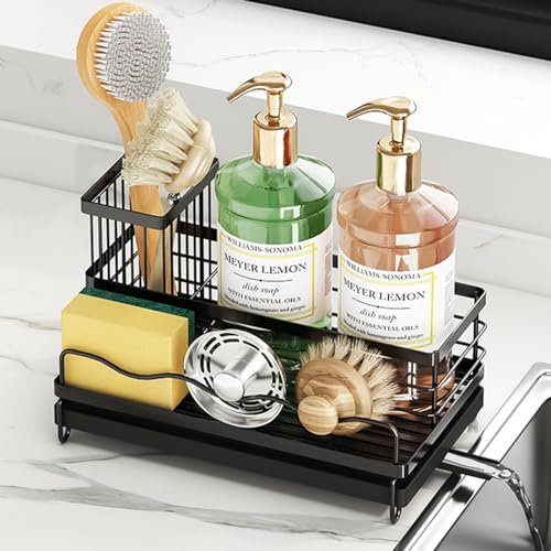 DMJWAN Panier d'évier – Organiseur d'évier de cuisine en acier inoxydable avec plateau de vidange amovible et drainage de dérivation