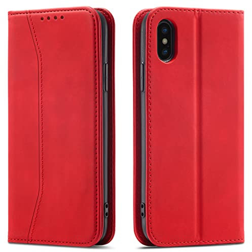 OKZone Kompatibel mit iPhone XS/iPhone X (5,8 Zoll) Hülle, Magnet Leder Tasche Handyhülle, Kartenfächer Schutzhülle, [Premium PU Leder] Flip Klappbare Stoßfeste Magnetische Standfunktion (Rot)
