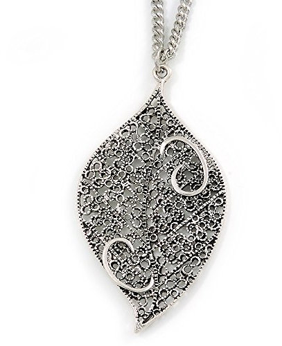 Avalaya Vintage Style Antique Silver Filigree Leaf Pendant with Silver Tone Chain/86cm Long