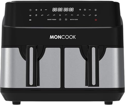 MONCOOK Double Air Fryer - 2 In 1 Airfryer 10L With 2 x 5L Baskets - 50 Recipe Cookbook - Smart Finish Function - Digital LED Display Airfryer - 12 Pre-Set Cooking Programs - Healthy Oil-free Fryer