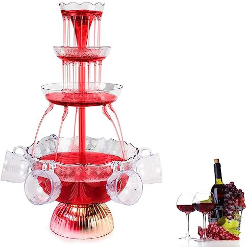 DISHENGZHEN LED Lighted Wine Fountain 4-Tier Acrylic Light-Up Drink Fountain Cocktail Juice Dispenser Filling Liquor Drinking Distributor Tool with 5 Reusable Cups for Wedding Party Christmas Décor