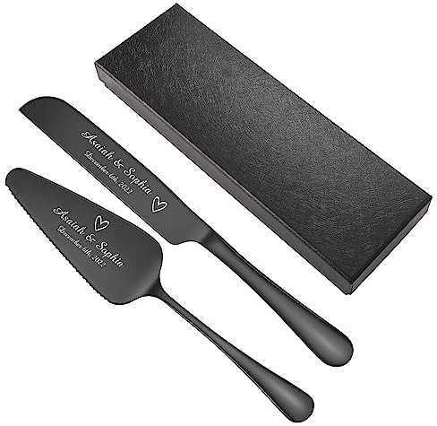 TEAYASON Personalised Wedding Cake Knife and Server Set, Stainless Steel Cake Cutting Set, Cake Cutter and Cake Slice Set Gifts for Wedding, Engagement, Anniversary, Party(Black)
