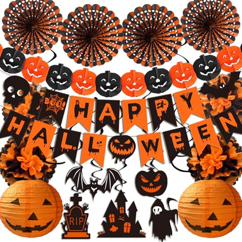 Syoulin-halloween party decoration festival set,decke hängende spiral girlanden kürbis banner deko& paper lantern deko,orange classic halloween indoor/outdoor party dekoration