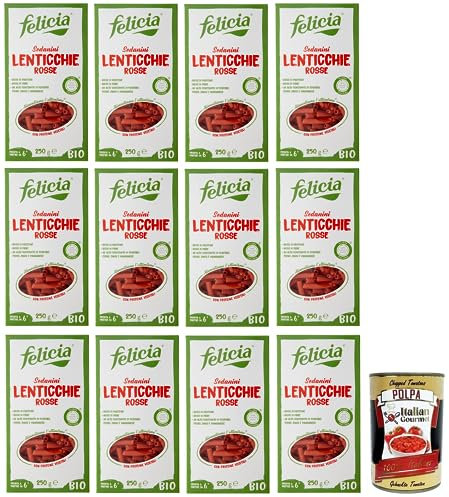 12x Felicia Sedanini di Lenticchie Rosse,Pasta mit 100% Roten Linsen aus der Italienischen Lieferkette,Bio und Natürlich Glutenfrei,Packung mit 250g + Italian Gourmet Polpa di Pomodoro 400g Dose