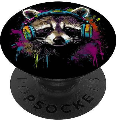 Waschbär Musik Kopfhörer Bunt - Tier Motiv Kunst Waschbär PopSockets Klebender PopGrip