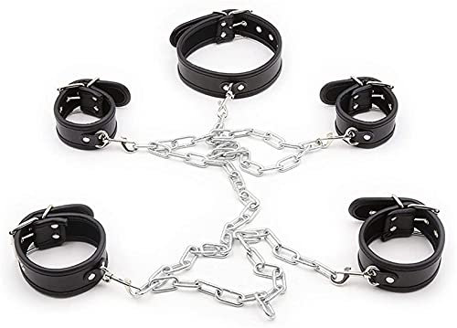 Pu Leder & Metall Sklave Sm Bondage Set Handgelenk Hand & Knöchel Manschetten Handschellen Fußschellen Halsband Kragen Fesseln Kit Fetisch Sexspielzeug für Damen & Männer,Schwarz,einstellbar