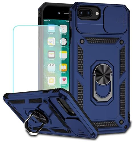 Jhxtech for iPhone 8 Plus/iPhone 7 Plus/iPhone 6 Plus/6S Plus Case with Tempered Glass Screen Protector and Slide Camera Cover, Magnetic Ring Car Mount Holder Protective Cover for iPhone 7 Plus Blue