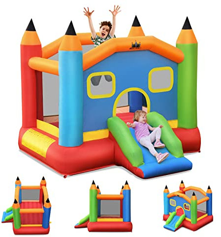 GOPLUS Château Gonflable avec Trampoline Toboggan Gonflable Motif Crayon, Escalade Idéal pour 2-3 Enfants Charge Max 90kg,Cadeau de Choix, 273x273x228CM (sans Souffleur) (Crayon, sans Souffleur)