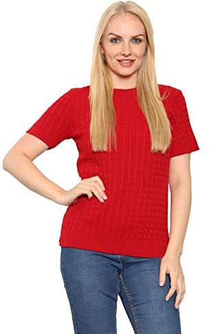 WearAll Women's Short Sleeve Chunky Cable Knitted Jumper - Ladies Oversized Crew Neck Loose Sweater Top Red Plus Size 20-22