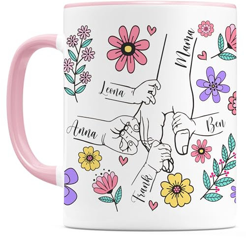 Muttertagsgeschenk Tasse Mama personalisiert mit Namen Sohn Tochter Mutter Geschenk zum Muttertag Kaffeebecher Blumen Kaffeetasse aus Keramik 330 ml (4 Kinder)