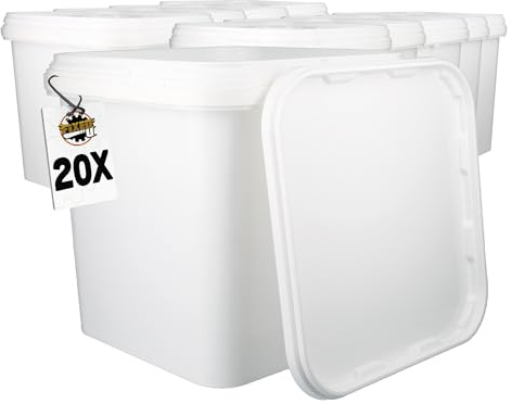 20 Eimer mit Deckel 5l Weiß Eckig | Kunststoffeimer Lebensmittelecht, luftdicht und stabil | Leer Eimer mit Griff und Deckel für Lebensmittel Chemie Klebstoffe