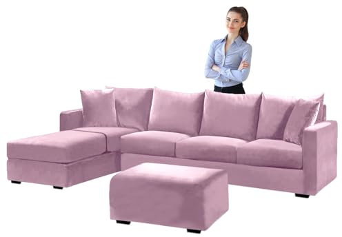 SYLC Samt Couch überzug L Form Sofabezug Ecksofa, Sofa Cover L Shape Stretch Mit Sitzkissen Rückenlehne, Universal Sofaüberwurf Waschbar (Pink,Hocker Quadratisch-L)
