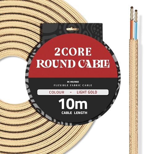 DC VOLTAGE 10M Light Gold Vintage 2 Core Round Cable Fabric Cloth Covered Electrical Wire, 32.8FT 2 Conductors 18 Gauge textile electric cable Wire coated colored vintage for Lighting DIY Project