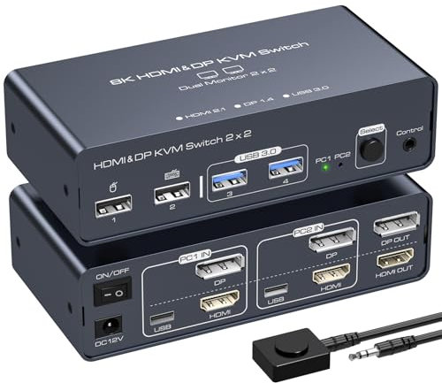 VEDINDUST KVM Switch Dual Monitor 4K60HZ Commutateurs Pour 2 Ordinateurs Partageant 2 Moniteurs et 4 Périphériques (USB C Ne Prend Pas En Charge Le Transfert Vidéo)
