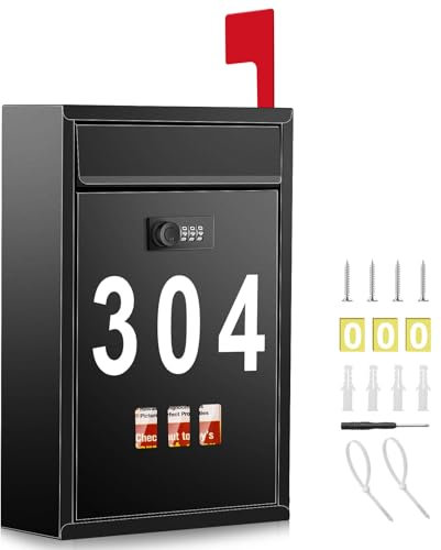 Letter Box, Post Boxes Wall Mounted Waterproof Outside Mailbox with Flag, Combination Lock and 3 Sets 0-9 Number Stickers Metal Letterboxes & Accessories Ideal Housewarming Gift, 3.4Dx8.5Wx12.7H