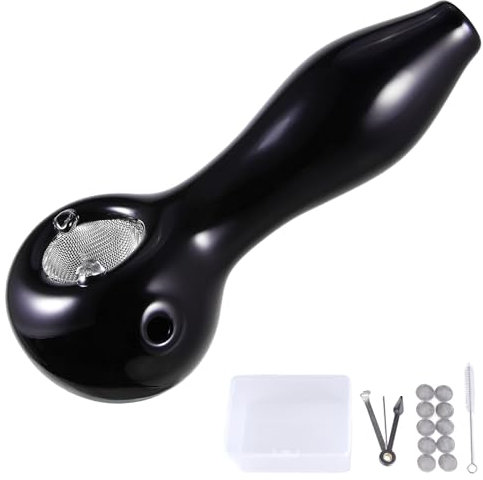 LIVBTS Handgefertigte Glaspfeife, konische Schüssel, Glas Löffel Bong hitzebeständig, geruchlos, inklusive 10 Filter, Aufbewahrungsbox, Reinigungsbürste und Pfeifenschaber-Reiniger-Set (schwarz)