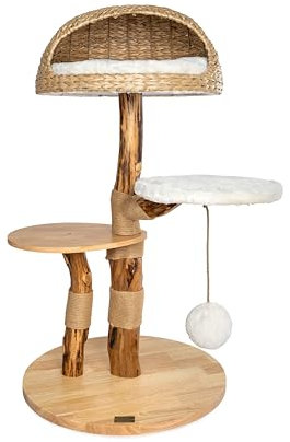 Bontoy Kratzbaum Stella aus Holz 109 cm I Echtholzstamm I großer Liegekorb mit Kissen I Spielball am Seil I 2 Stufen I Herausnehmbares Kissen