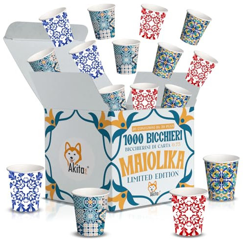 AKITAInk 1000 Bicchierini Caffè Carta 75ml – Design Maiolika, Maiolica Costiera Amalfitana, Vietri, Amalfi, Sorrento
